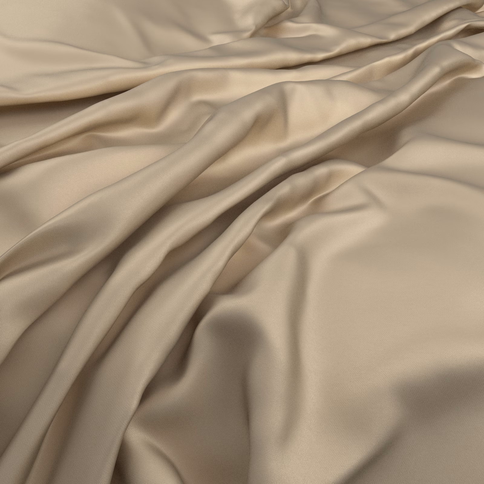 Warm honey-beige fabric draped in smooth folds with soft satin-like highlights