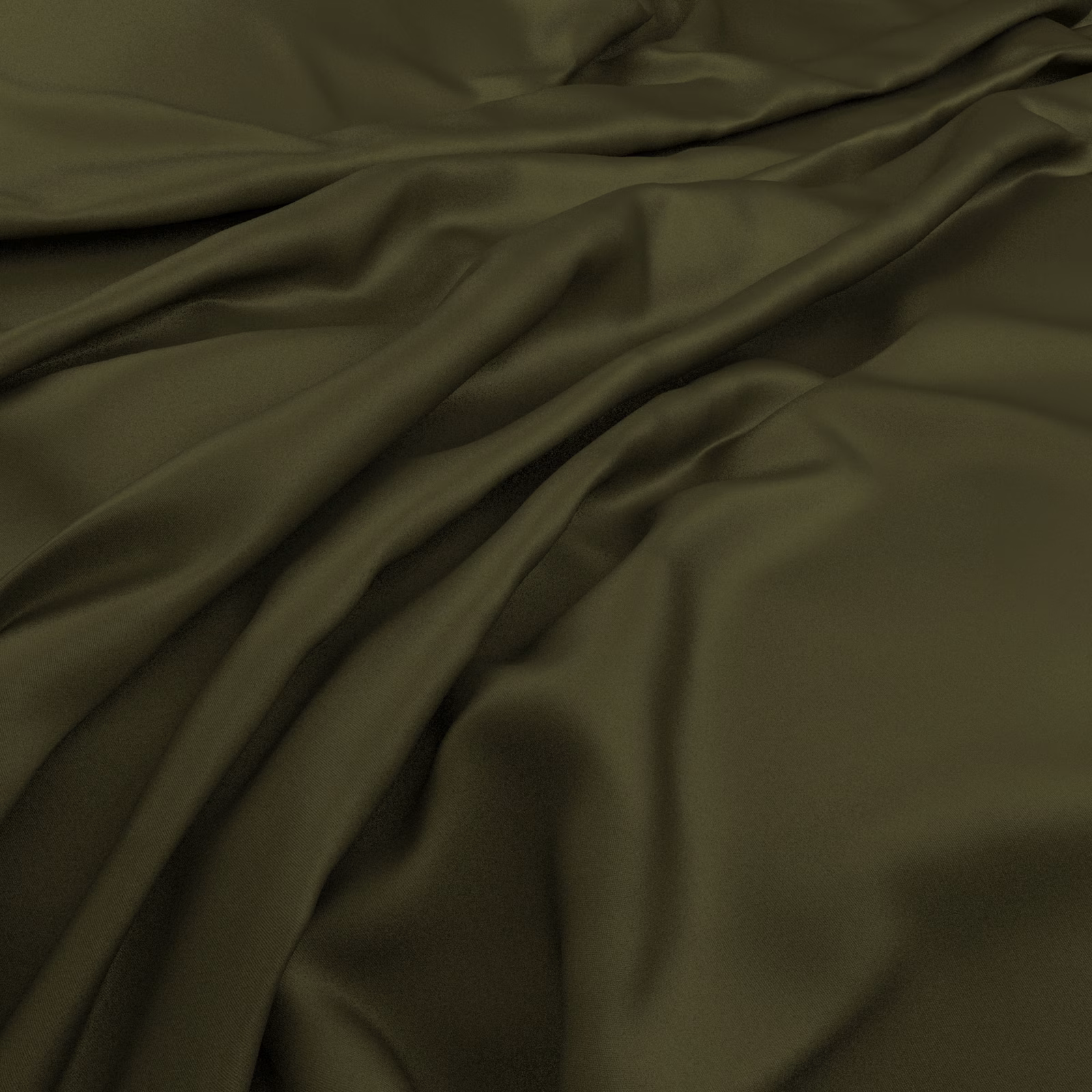 Dark matcha olive fabric gathered into smooth, softly lustrous folds