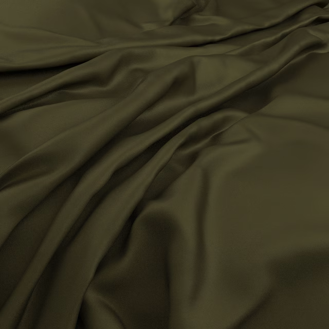Dark matcha olive fabric gathered into smooth, softly lustrous folds