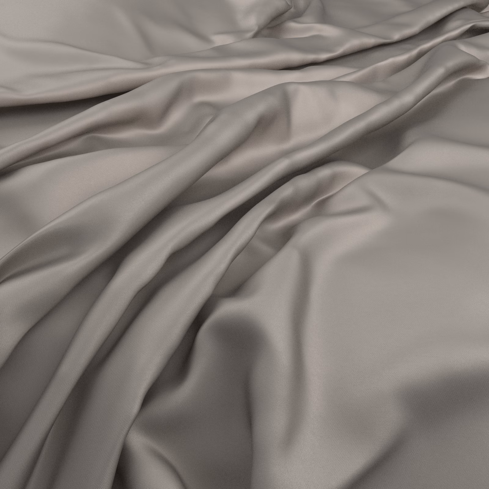 Fluid stone-grey fabric with satin sheen falling in soft sculptural folds