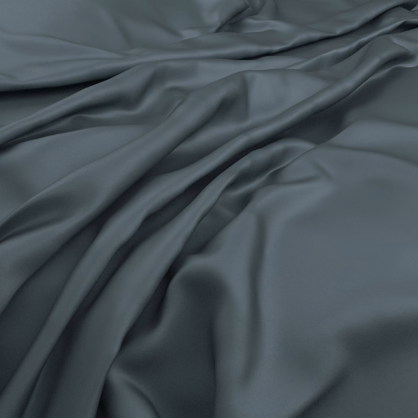 Cool slate-blue fabric falling in soft folds with a restrained satin sheen