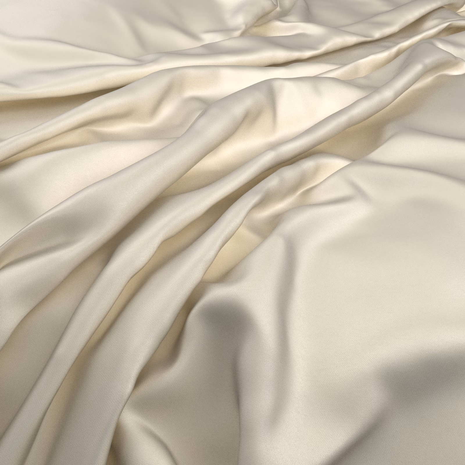 Warm panna cotta ivory fabric cascading in glossy, softly gathered folds