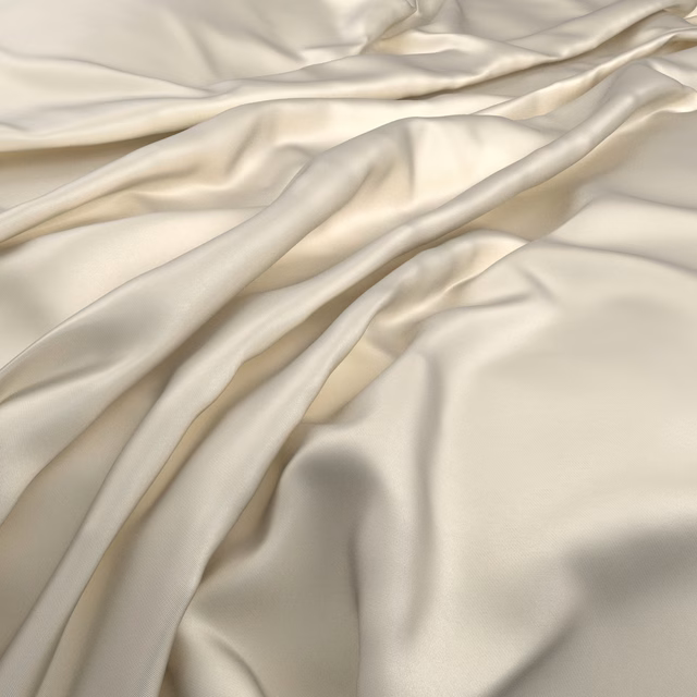 Warm panna cotta ivory fabric cascading in glossy, softly gathered folds