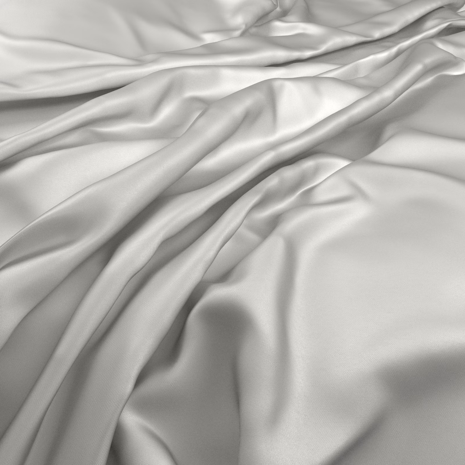 Pale platinum-grey fabric arranged in smooth, lustrous flowing folds