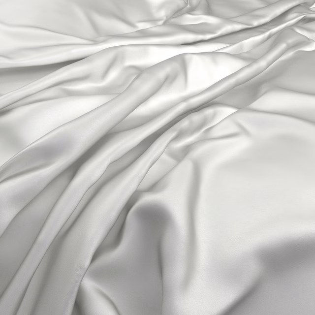Cool pearl-white fabric with a smooth lustrous surface falling in fluid folds