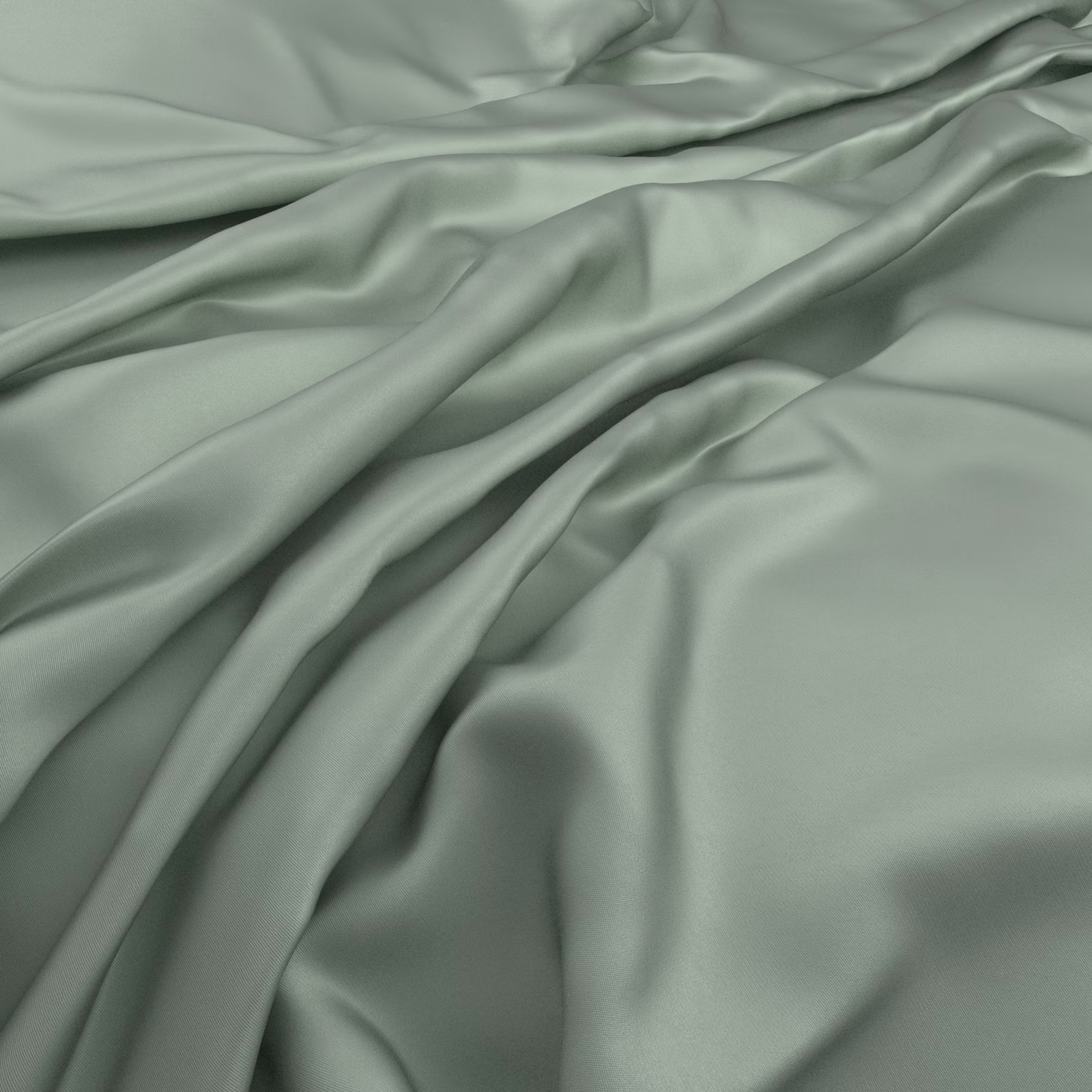 Smooth muted sea-green fabric with soft sheen falling in fluid gathered folds