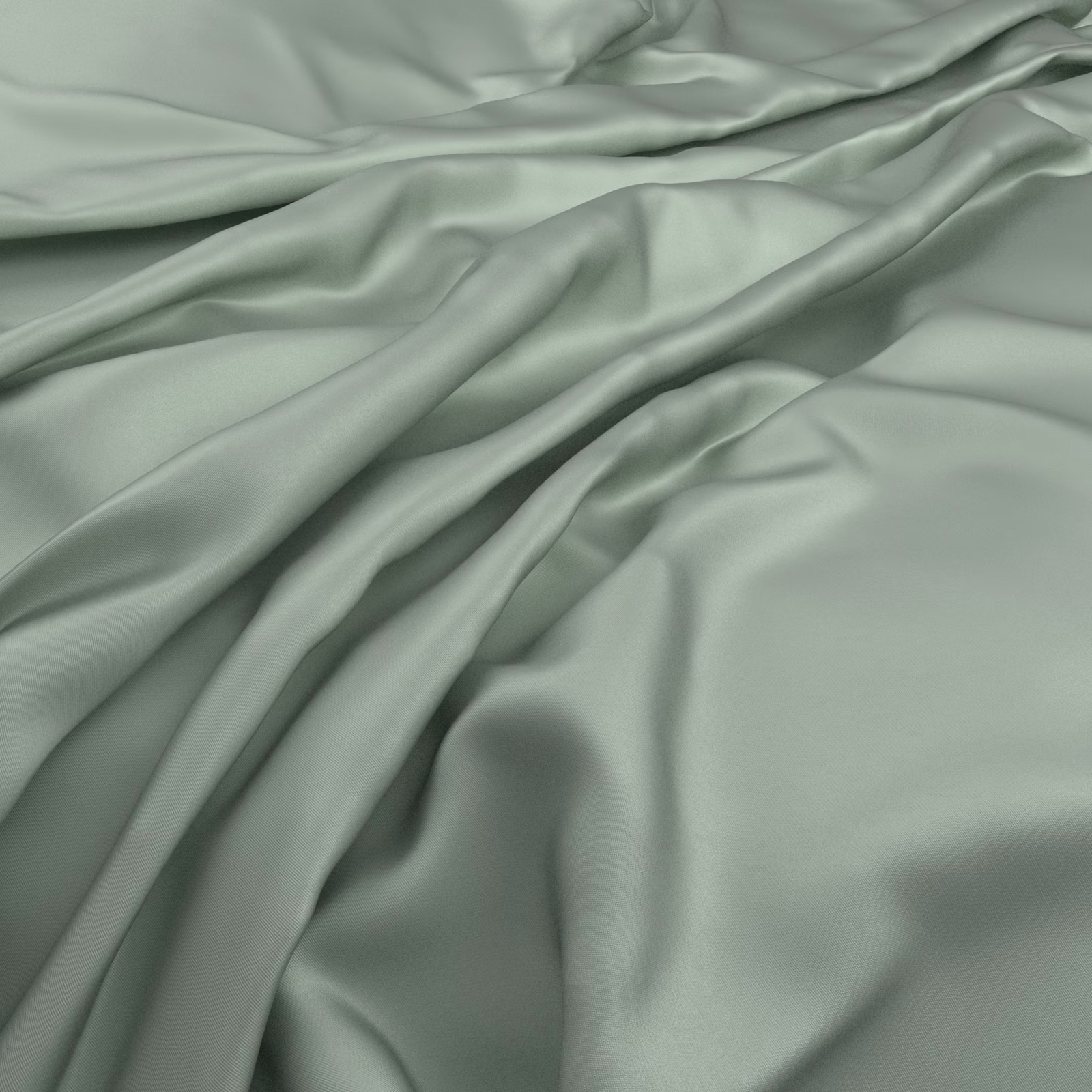 Muted rosemary-green smooth fabric draped in fluid, softly lustrous folds