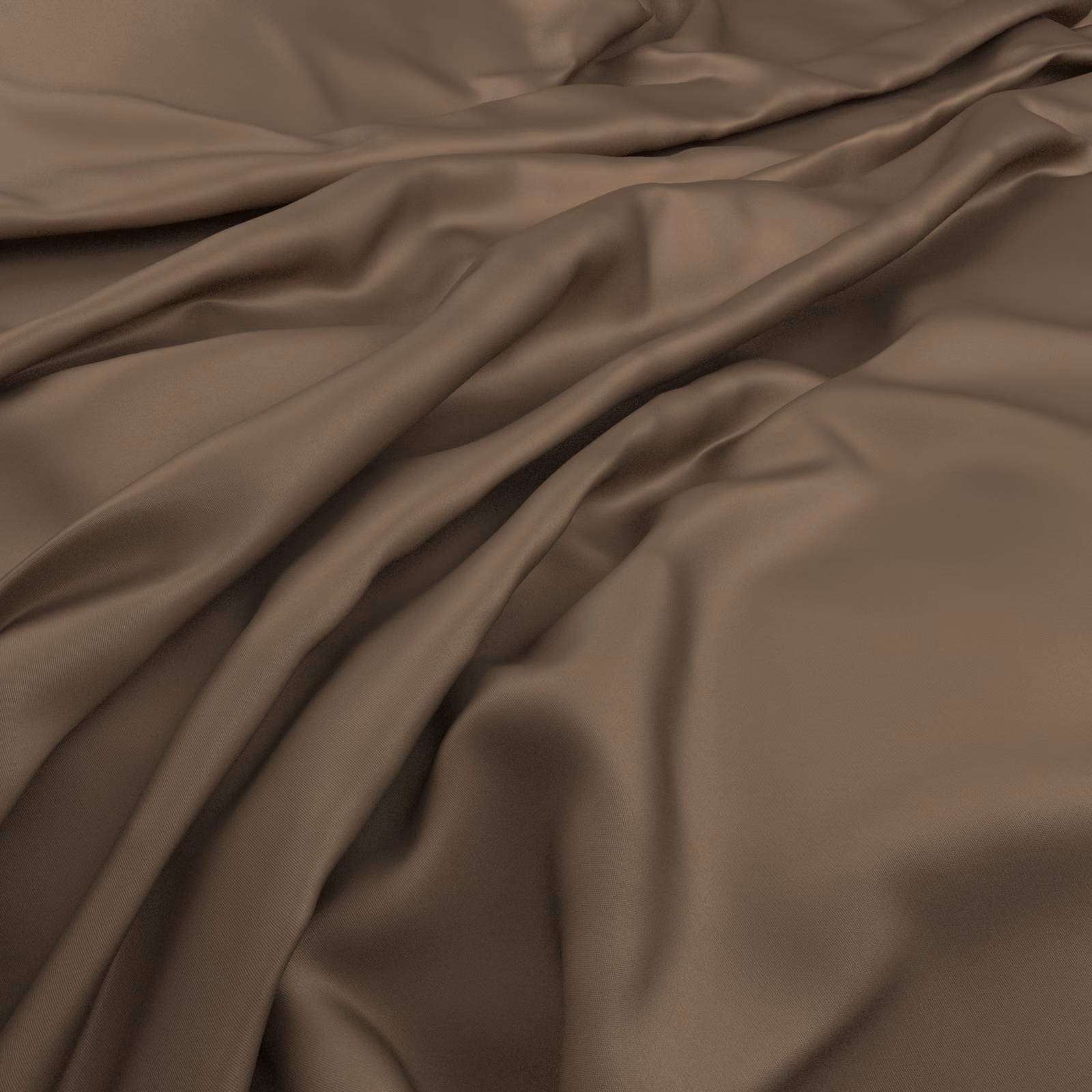Warm saddle-brown fabric falling in smooth, softly lustrous gathered folds
