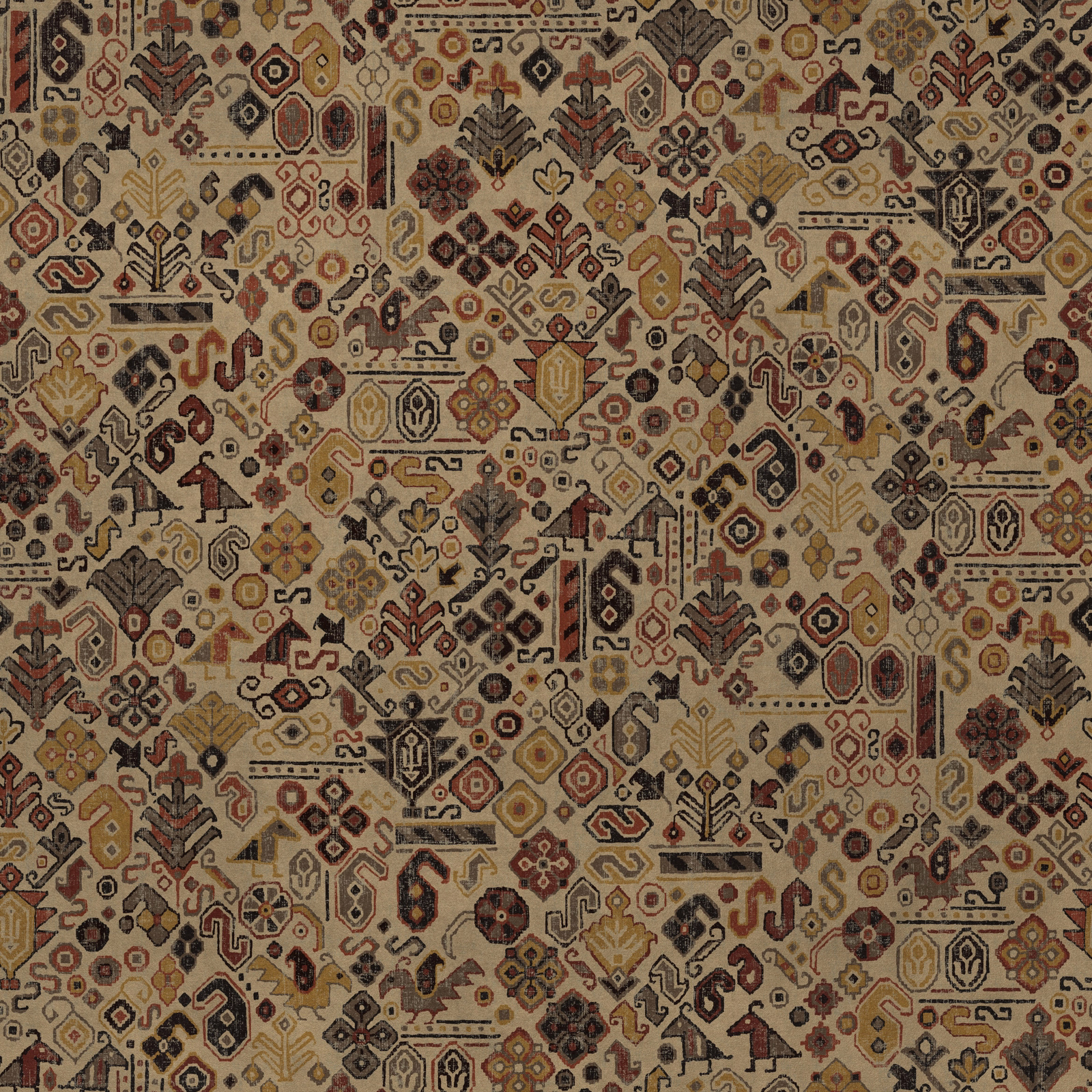 Antique beige geometric fabric swatch with terracotta, ochre and charcoal motifs
