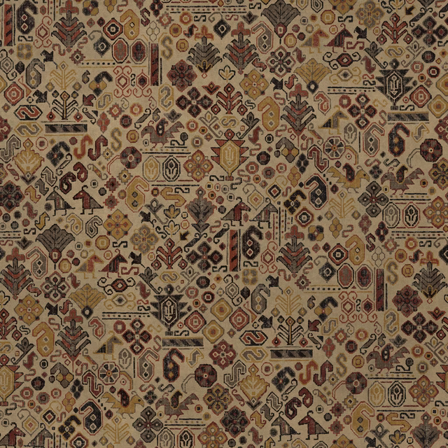 Antique beige geometric fabric swatch with terracotta, ochre and charcoal motifs