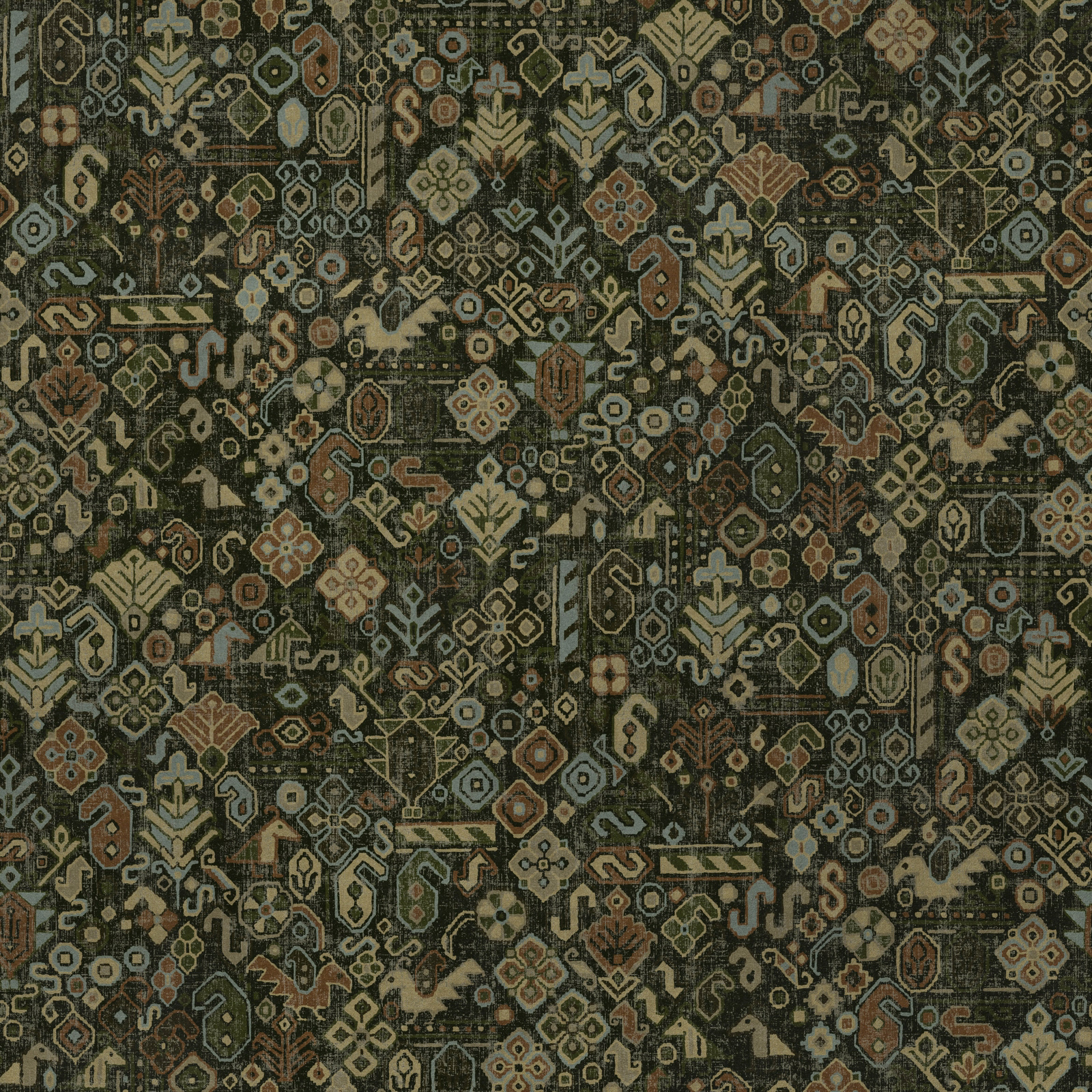 Dense geometric fabric swatch in deep forest green, sage, tan and oxide tones