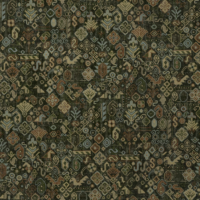 Dense geometric fabric swatch in deep forest green, sage, tan and oxide tones