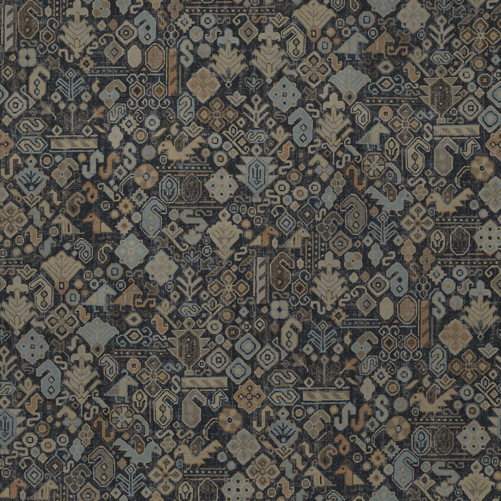 Dense geometric fabric swatch in deep ink blue with beige and pale blue motifs