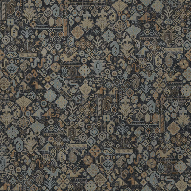 Dense geometric fabric swatch in deep ink blue with beige and pale blue motifs