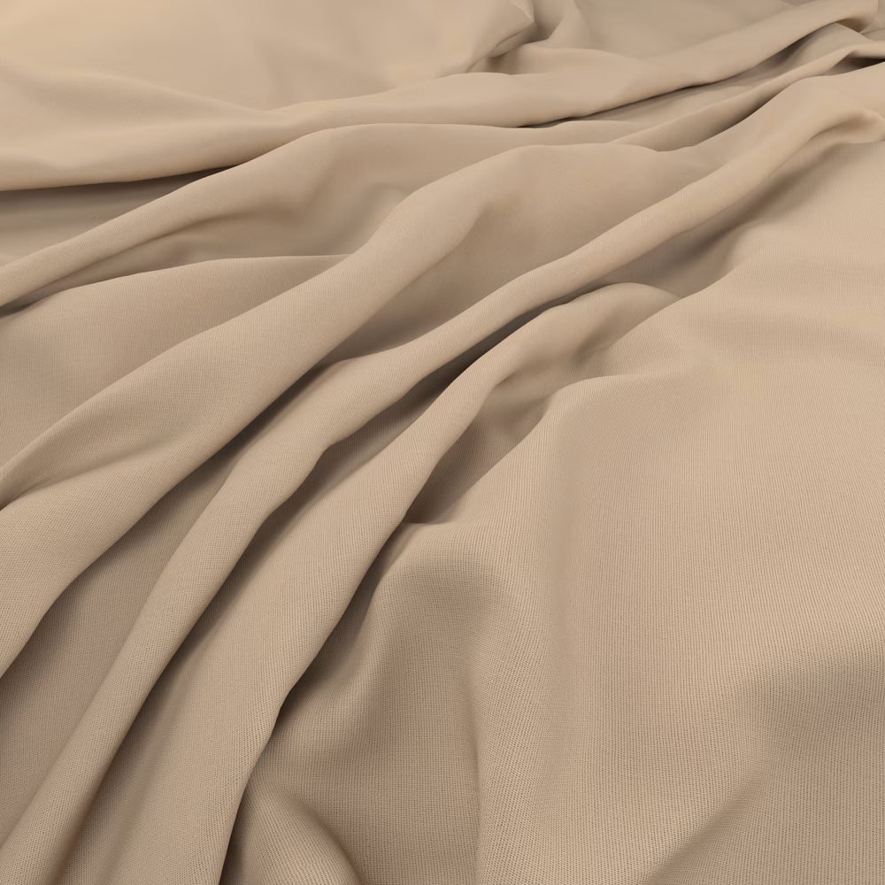 Warm dune-beige fabric with a fine weave and softly gathered fluid folds
