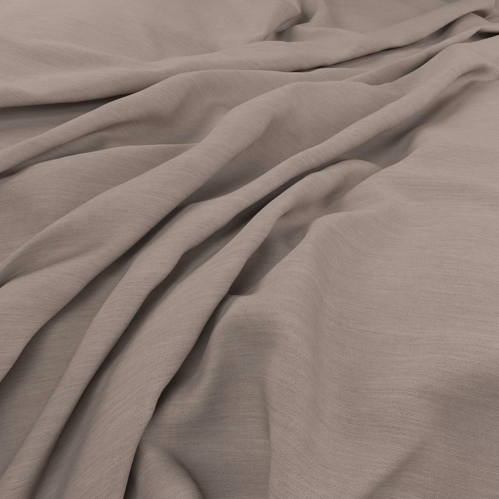 Soft pebble taupe fabric draped in fluid folds with a fine tonal weave