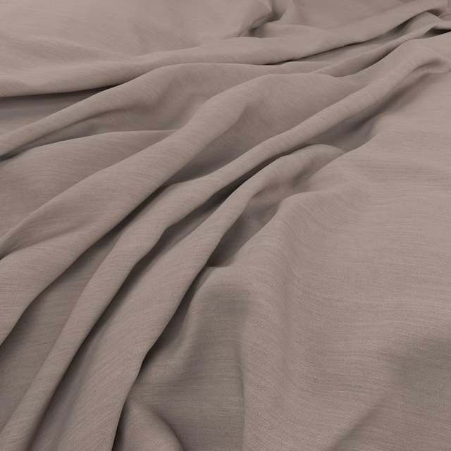 Soft pebble taupe fabric draped in fluid folds with a fine tonal weave