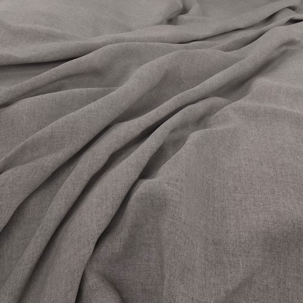 Soft seal-grey plain weave fabric gathered into deep, fluid folds