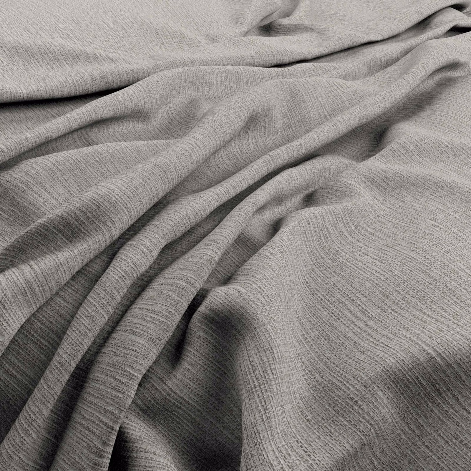 Cool ash-grey fabric with a fine linear weave falling into soft gathered folds