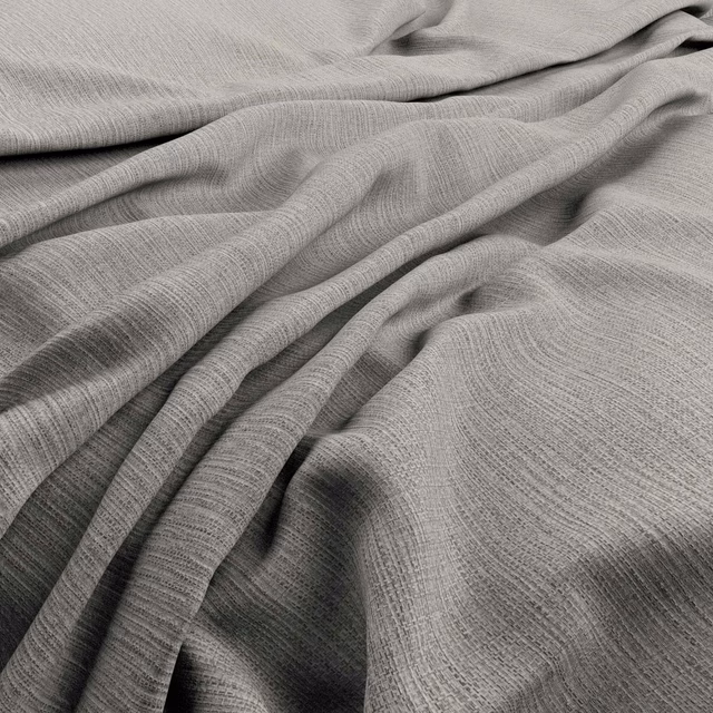 Cool ash-grey fabric with a fine linear weave falling into soft gathered folds