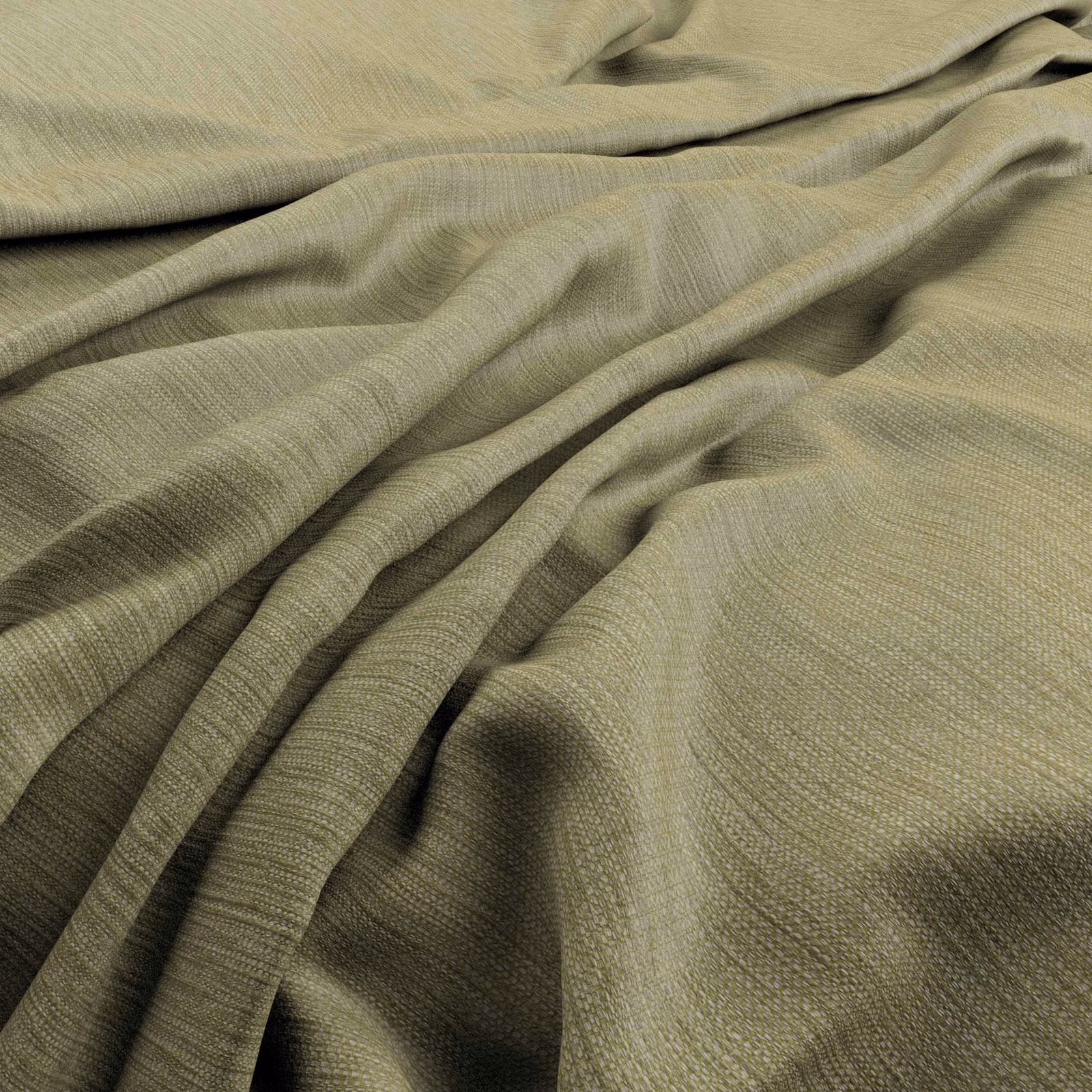 Muted olive green woven fabric with fine crosshatch texture in fluid shadowed folds