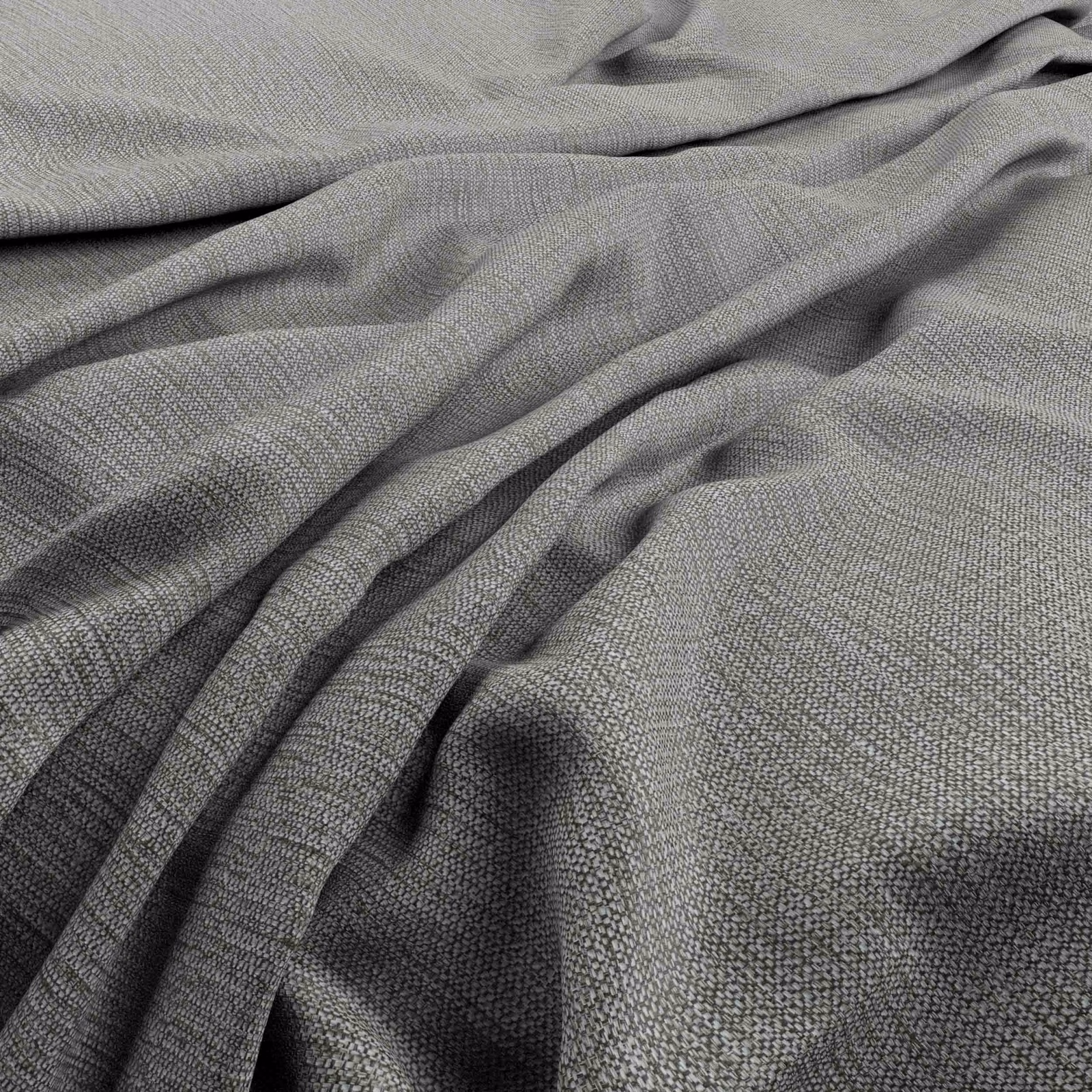 Cool grey woven textile with fine dark flecks, gathered into soft folds