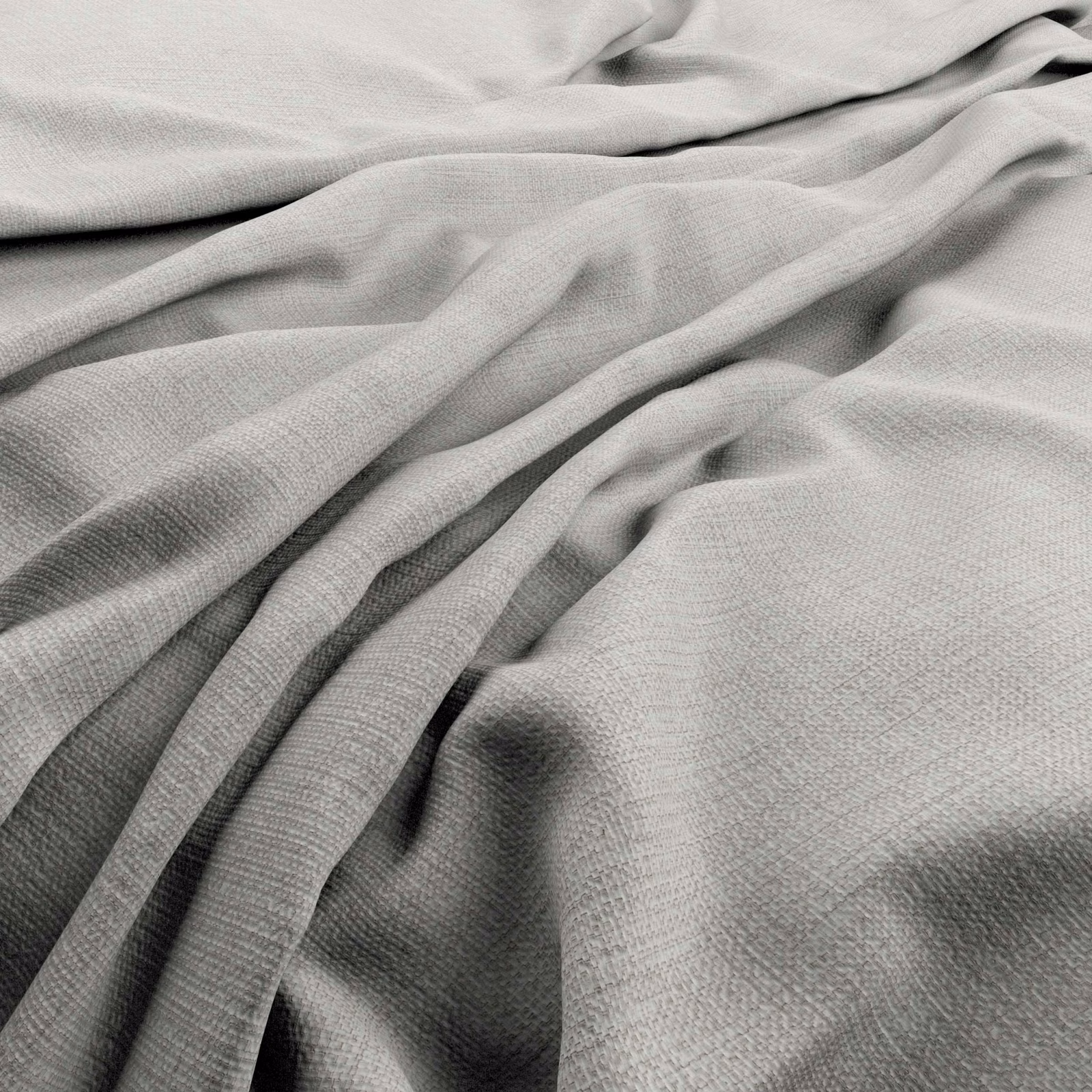 Close view of pale smoke-grey fabric with fine weave and fluid layered folds