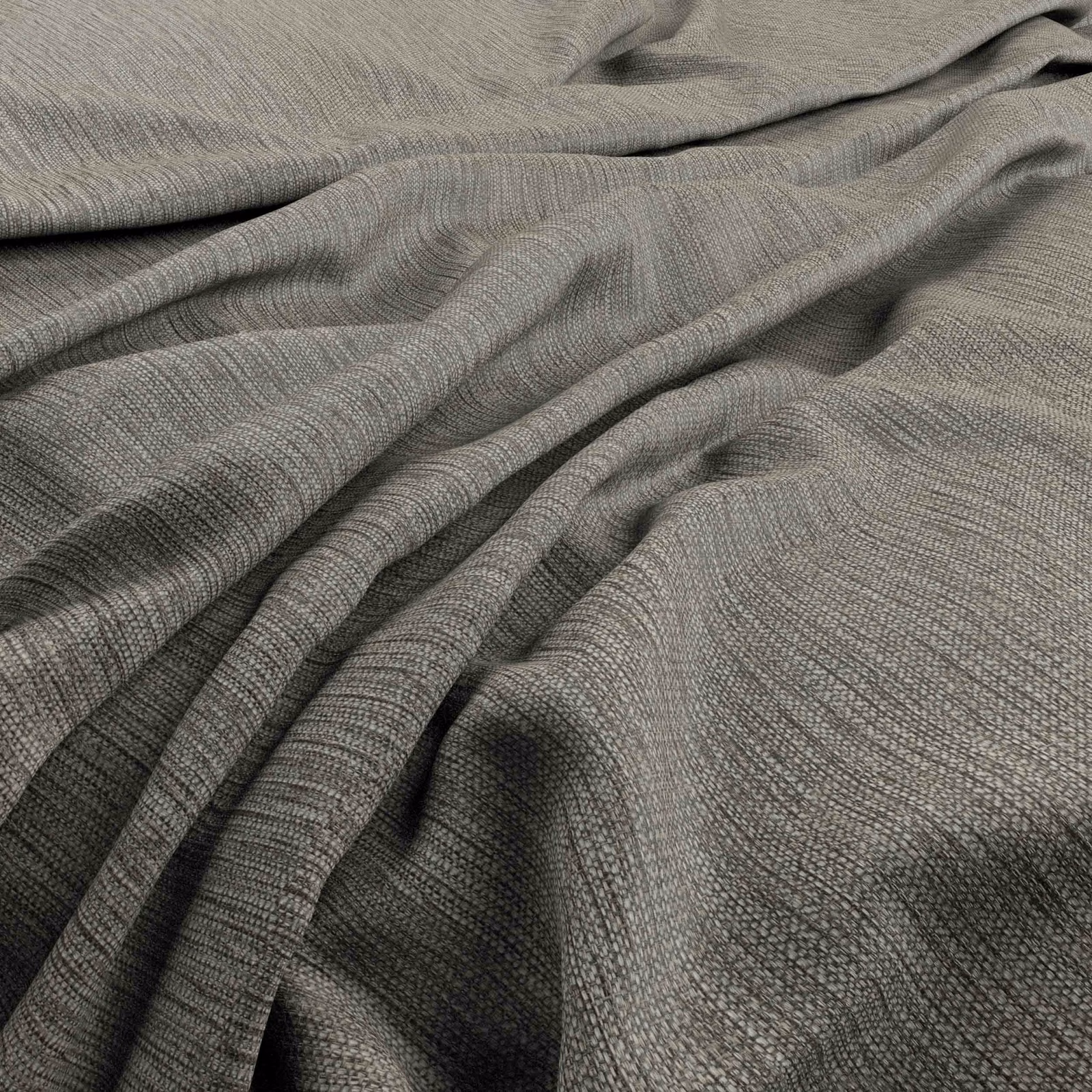 Close-up of taupe-grey Sketch Thunder fabric with fine crosshatched weave in folds
