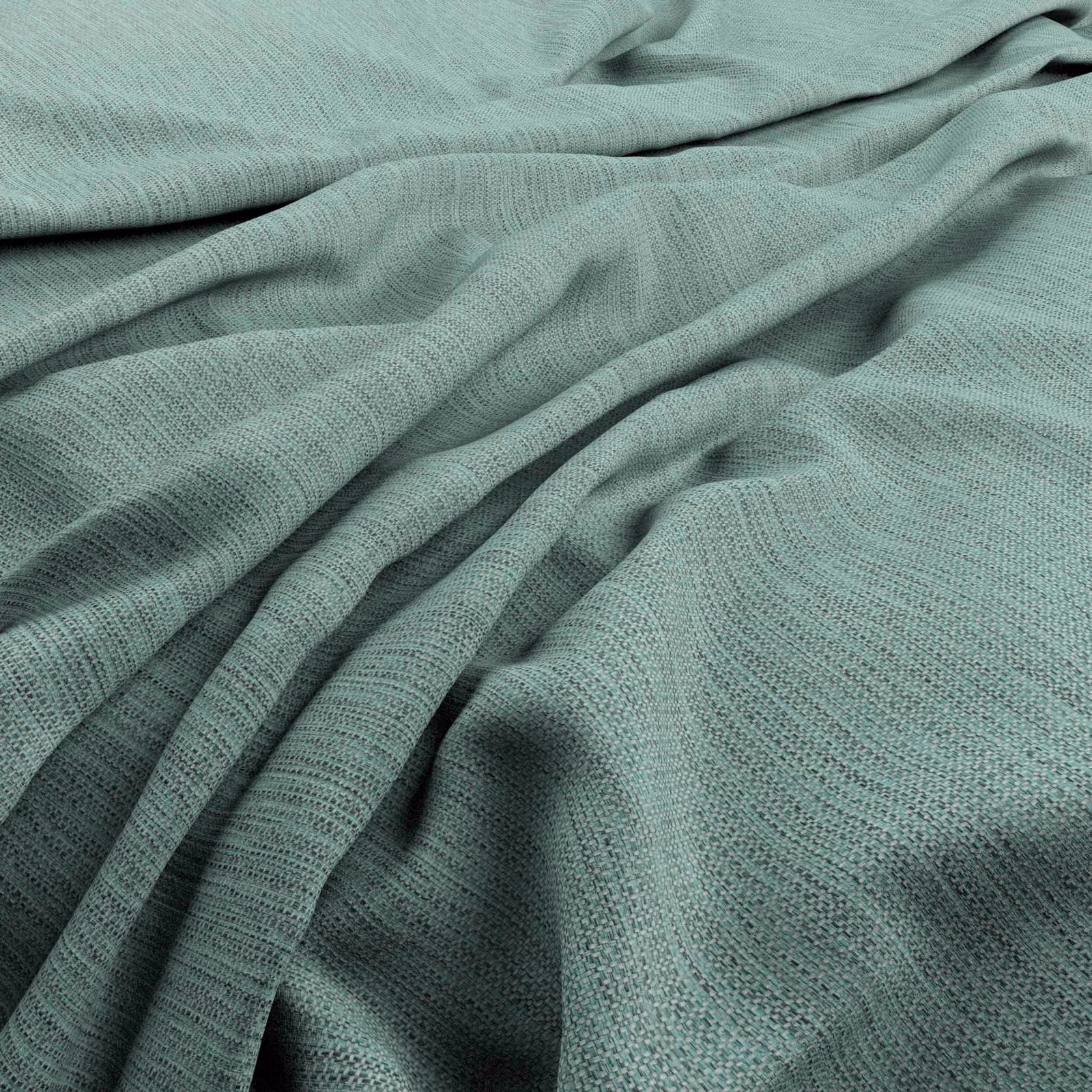 Muted turquoise woven fabric gathered into soft, shadowed folds