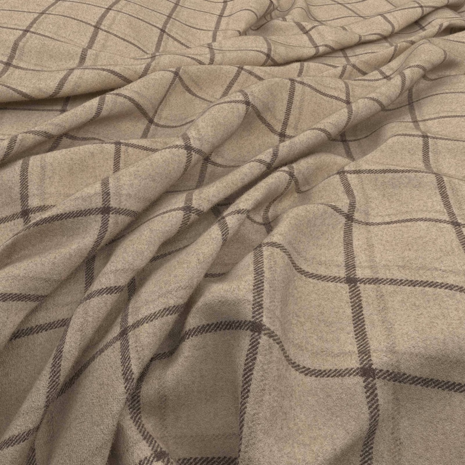 Ecru woven fabric with an irregular taupe windowpane check and soft folds