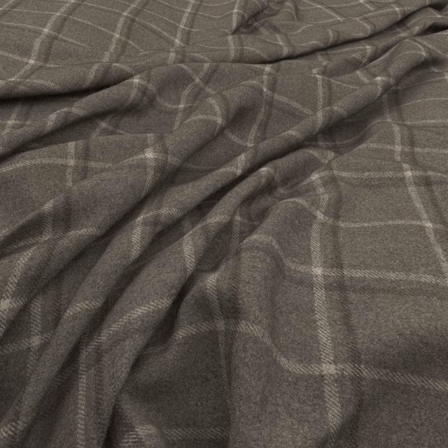 Smoky taupe-grey woven fabric with pale windowpane checks and soft folds