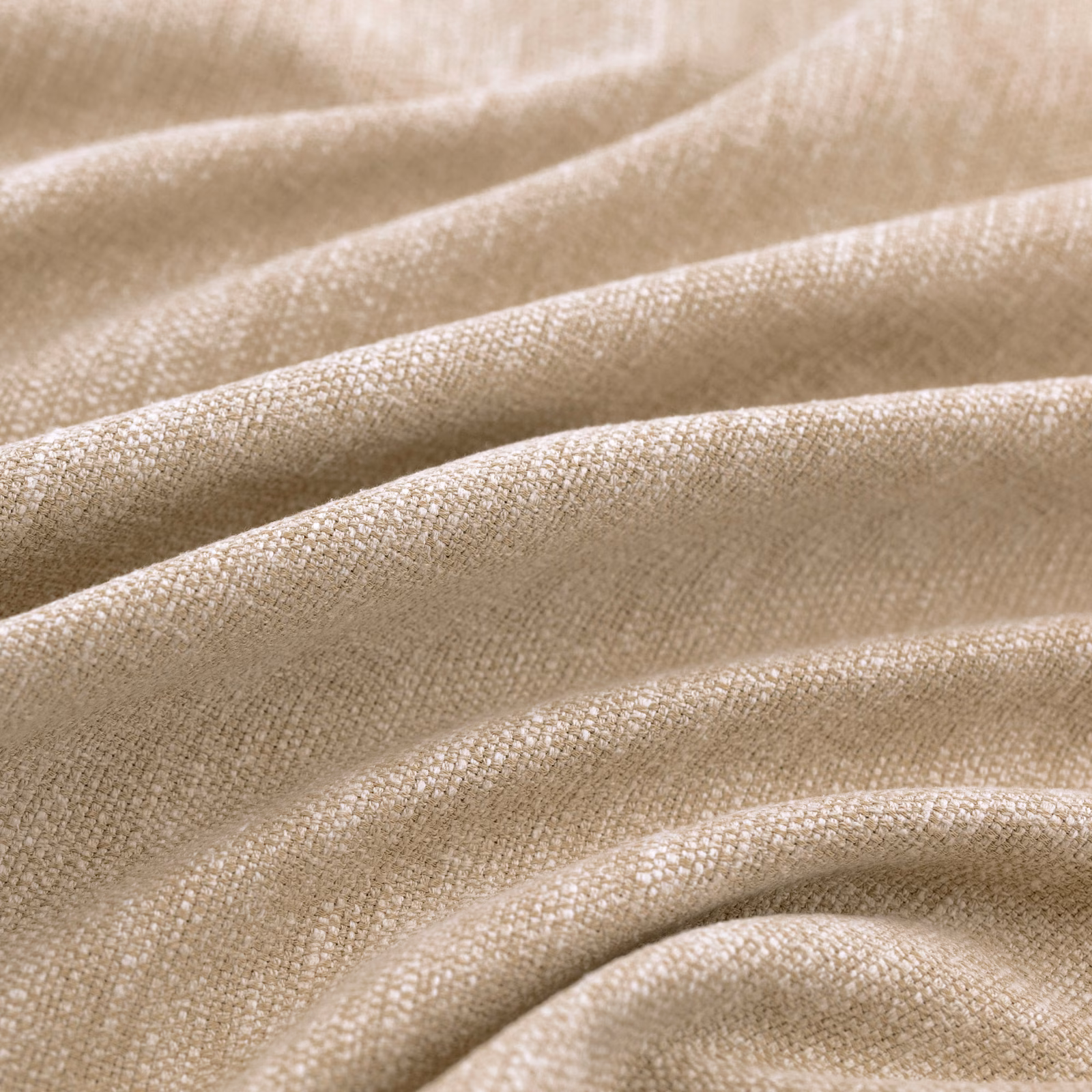Warm flax-beige woven textile draped in soft folds with fine crosshatch texture