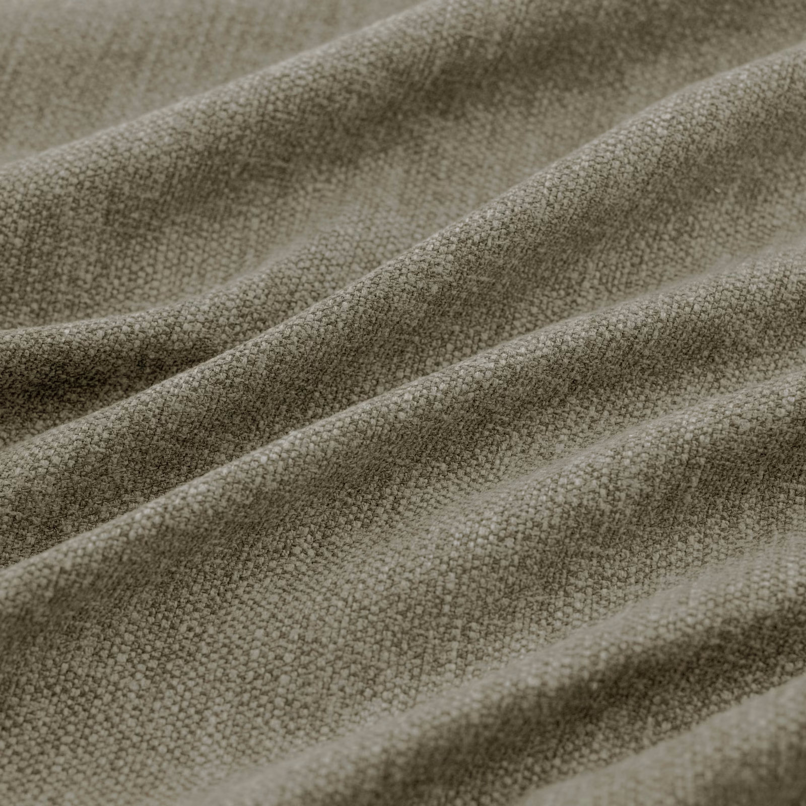 Muted moss-grey green woven fabric with fine granular texture falling in soft folds