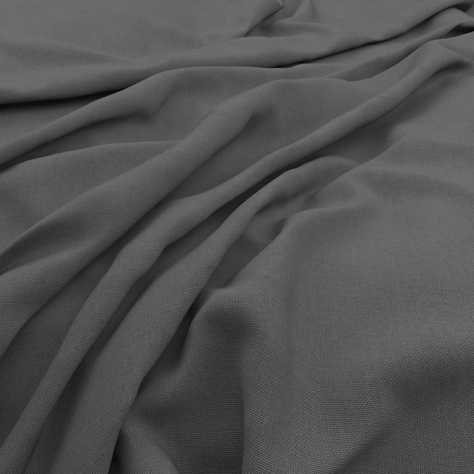 Deep charcoal grey slubby weave fabric gathered into soft, shadowed folds