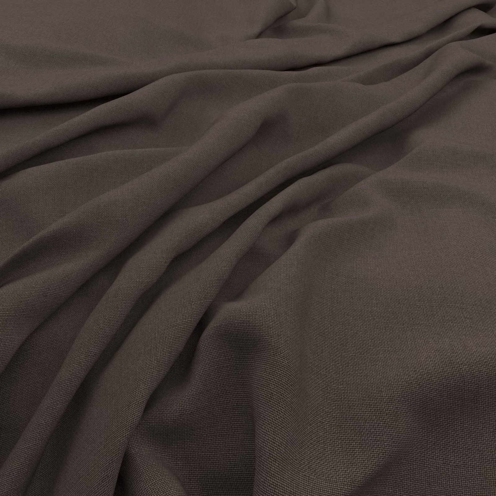 Deep earthy taupe woven fabric with fine slubs gathered into softly shadowed folds
