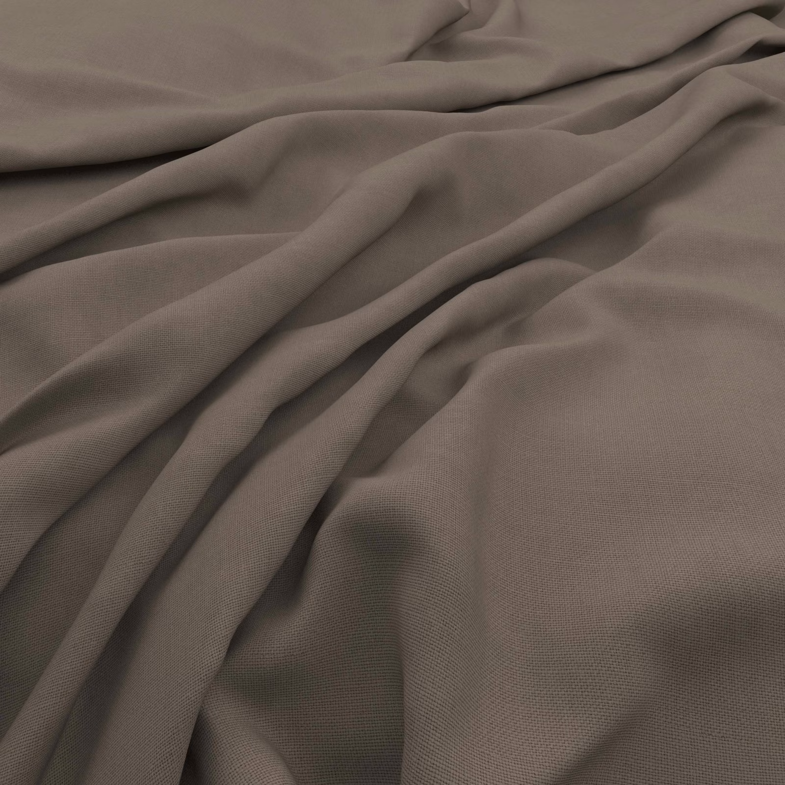 Elephant taupe plain-weave fabric with subtle slubs gathered into soft folds