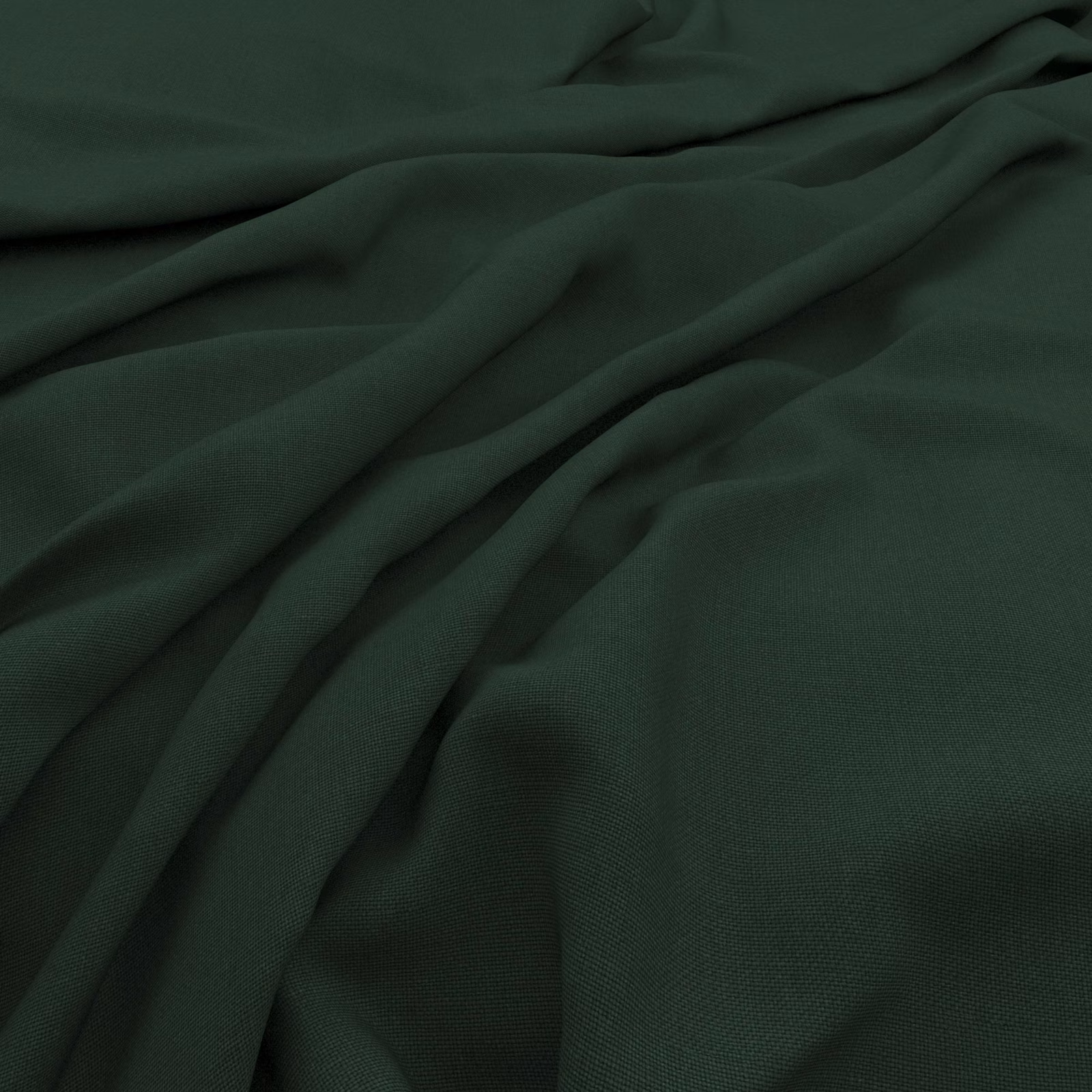 Deep forest-green slubby weave gathered into soft, shadowed fabric folds
