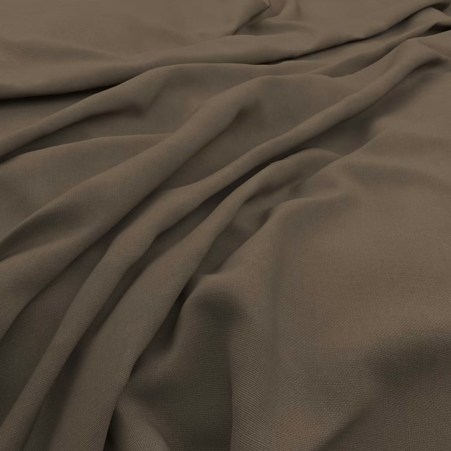 Muted khaki taupe slubby weave fabric draped in softly shadowed folds