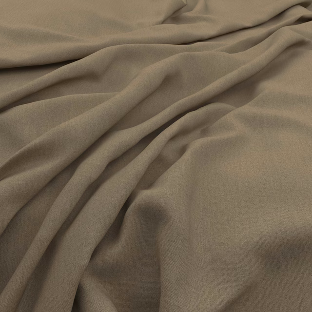 Warm taupe slubby weave cascading in soft, fluid folds