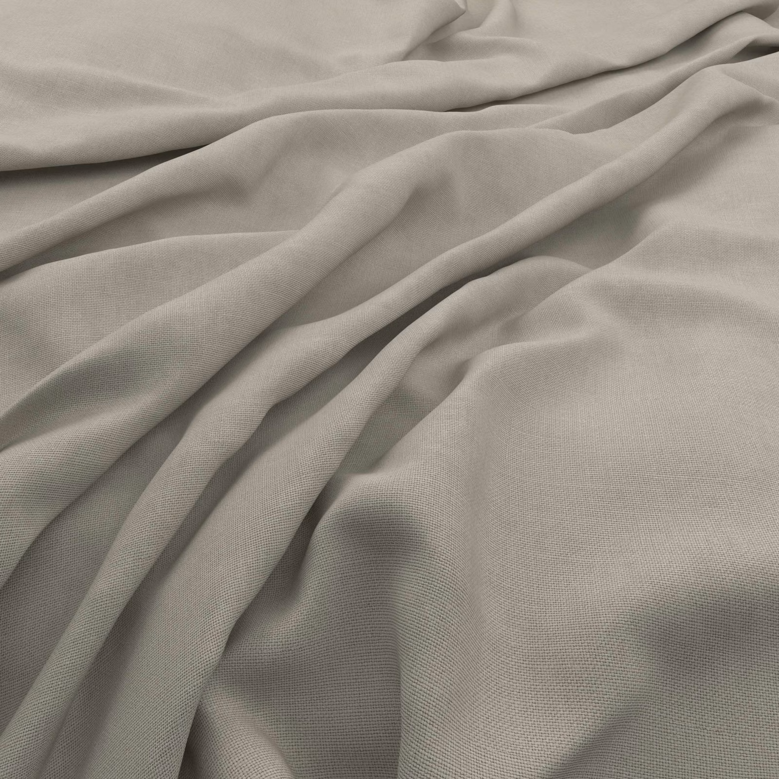 Warm stone-grey woven fabric with subtle slubs gathered into soft sculptural folds
