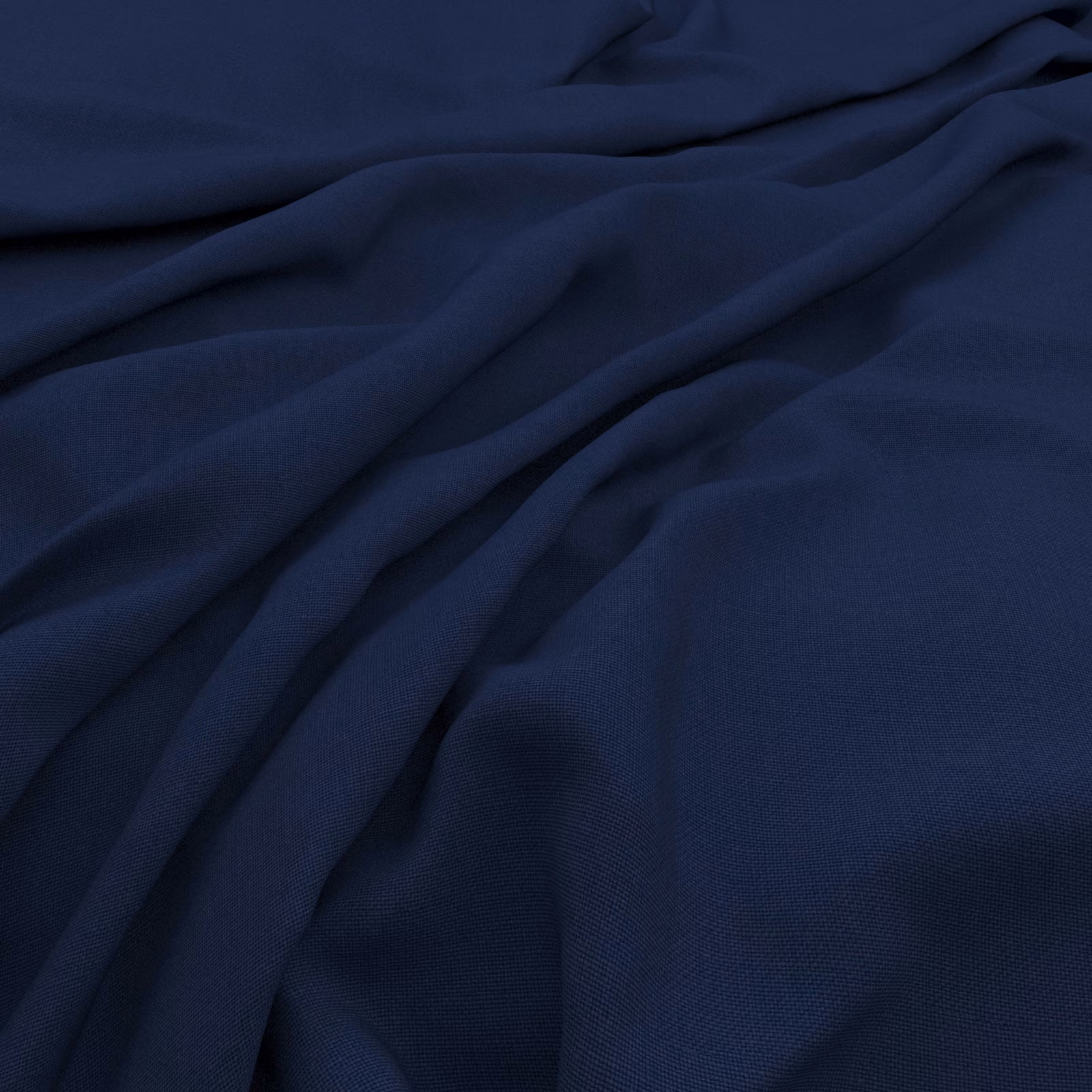 Deep navy fabric with subtle slub texture and softly gathered fluid folds