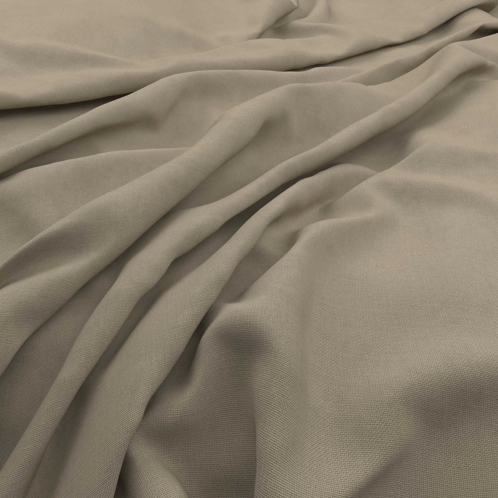 Muted pumice taupe fabric with fine slubby weave gathered into soft folds