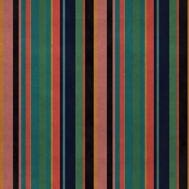 Vertical multicoloured striped fabric with teal, green, coral, navy and black bands