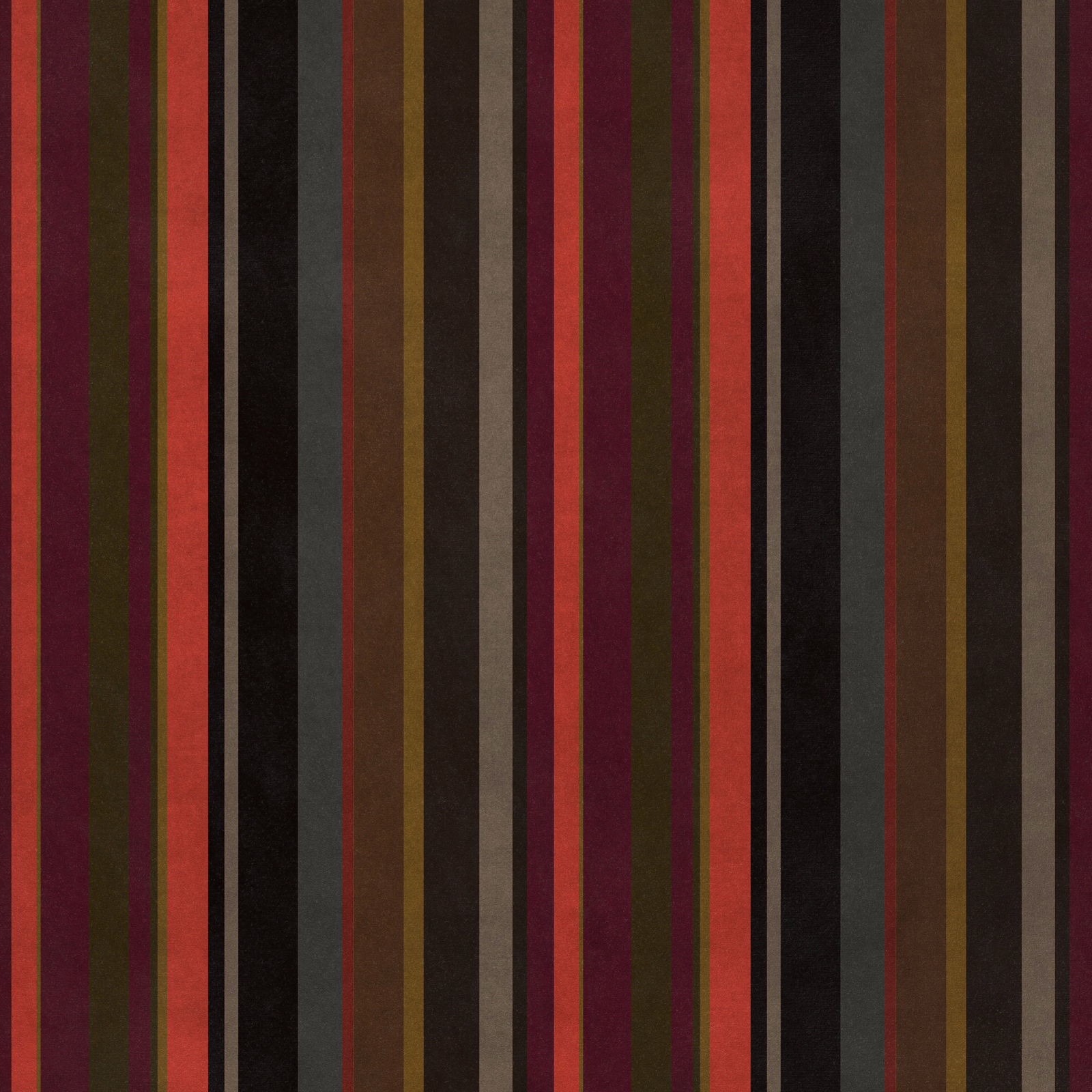 Bold vertical striped fabric in burgundy, coral, olive and dark charcoal tones