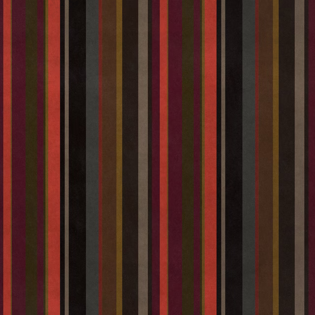 Bold vertical striped fabric in burgundy, coral, olive and dark charcoal tones