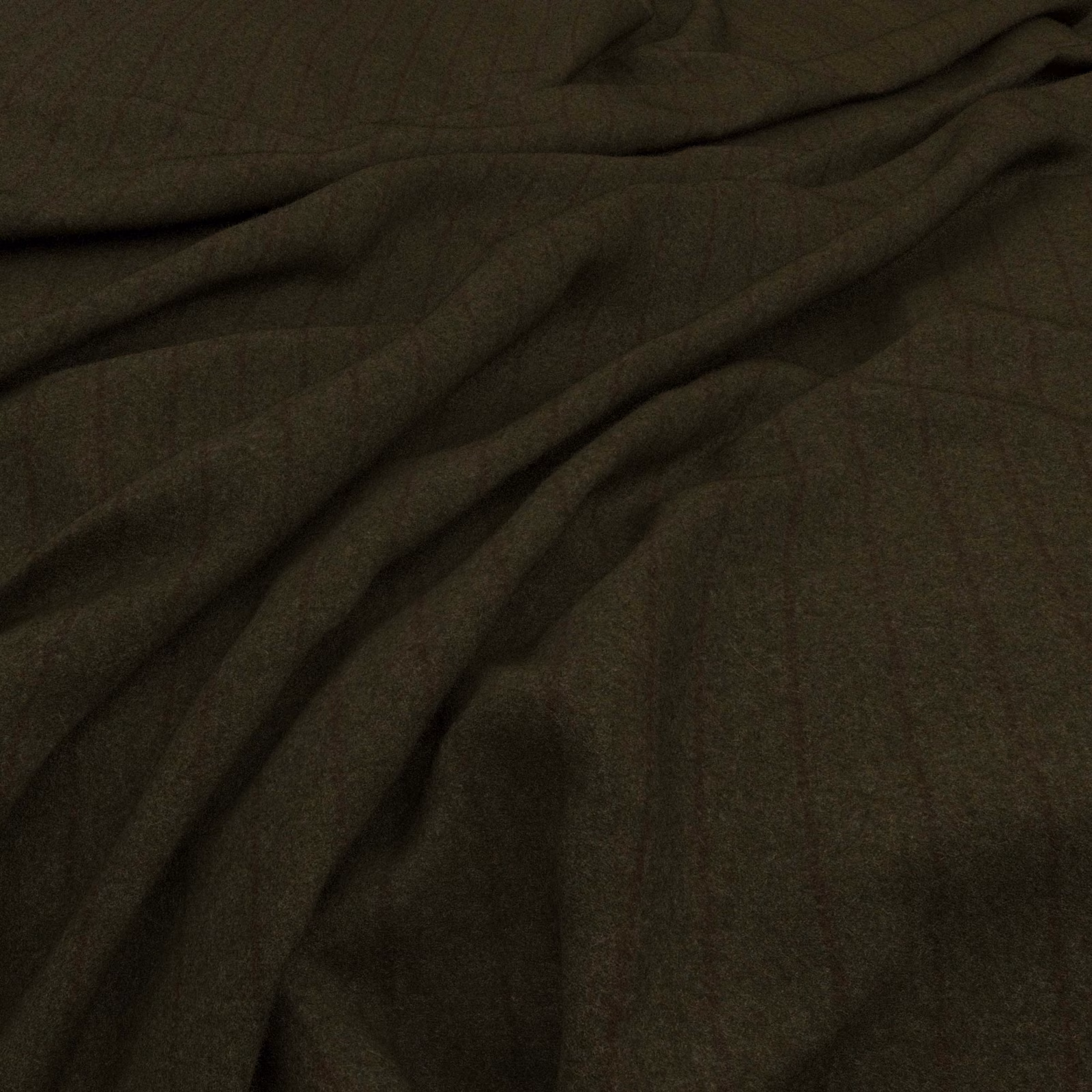 Deep cypress olive fabric with fine russet windowpane lines in soft folds