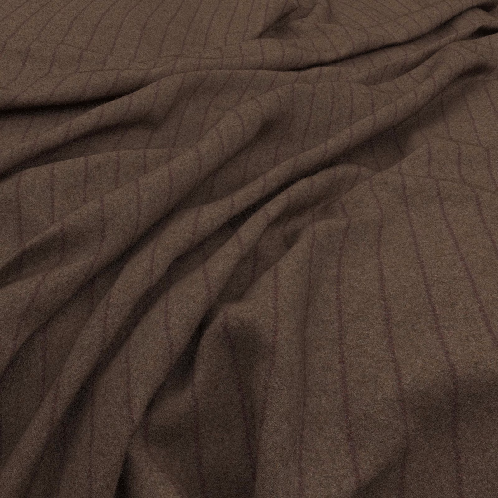 Taupe-brown woven cloth with fine dark vertical lines gathered into soft folds
