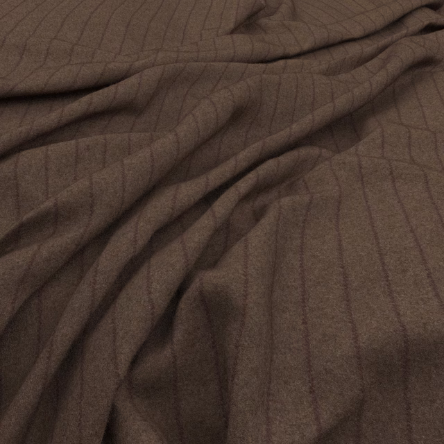 Taupe-brown woven cloth with fine dark vertical lines gathered into soft folds