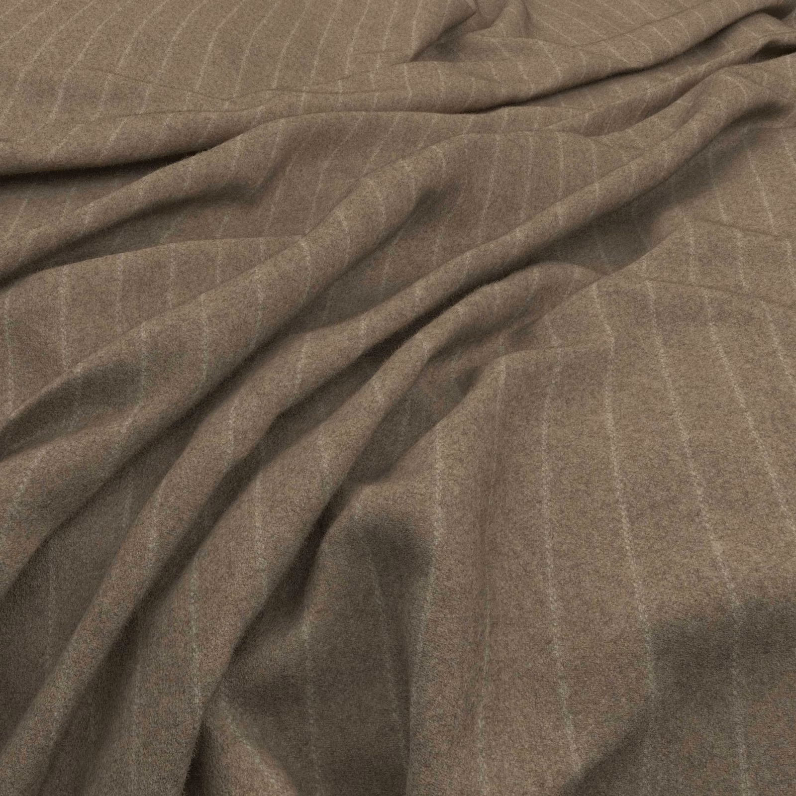 Draped muted taupe fabric with fine vertical striations and soft woven texture