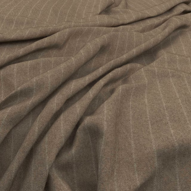 Draped muted taupe fabric with fine vertical striations and soft woven texture